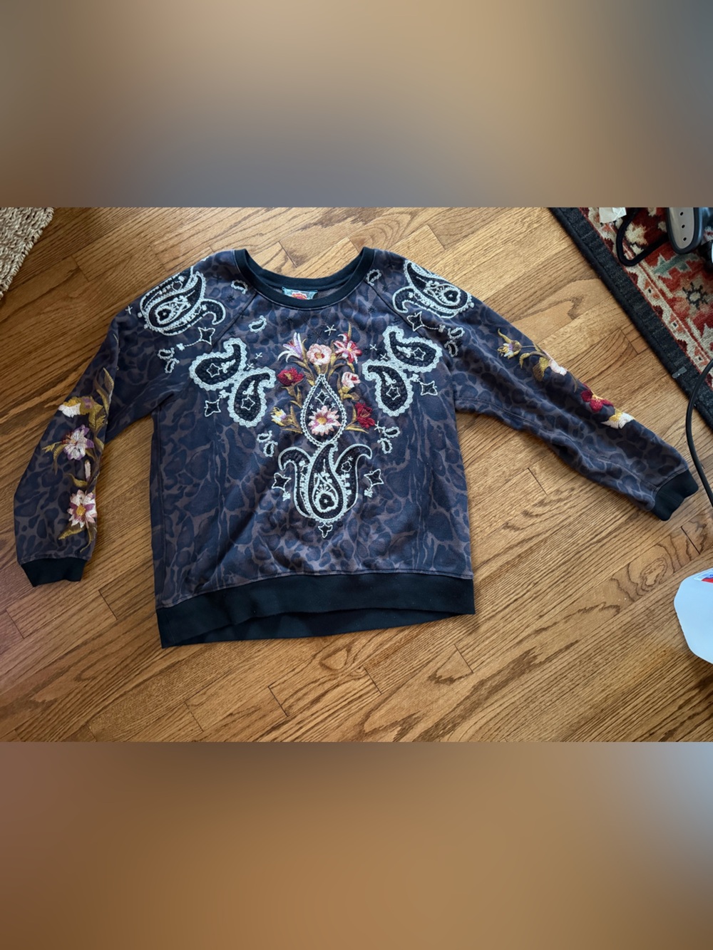 Johnny Was Navy Paisley Floral Embroidered Crewneck Sweater